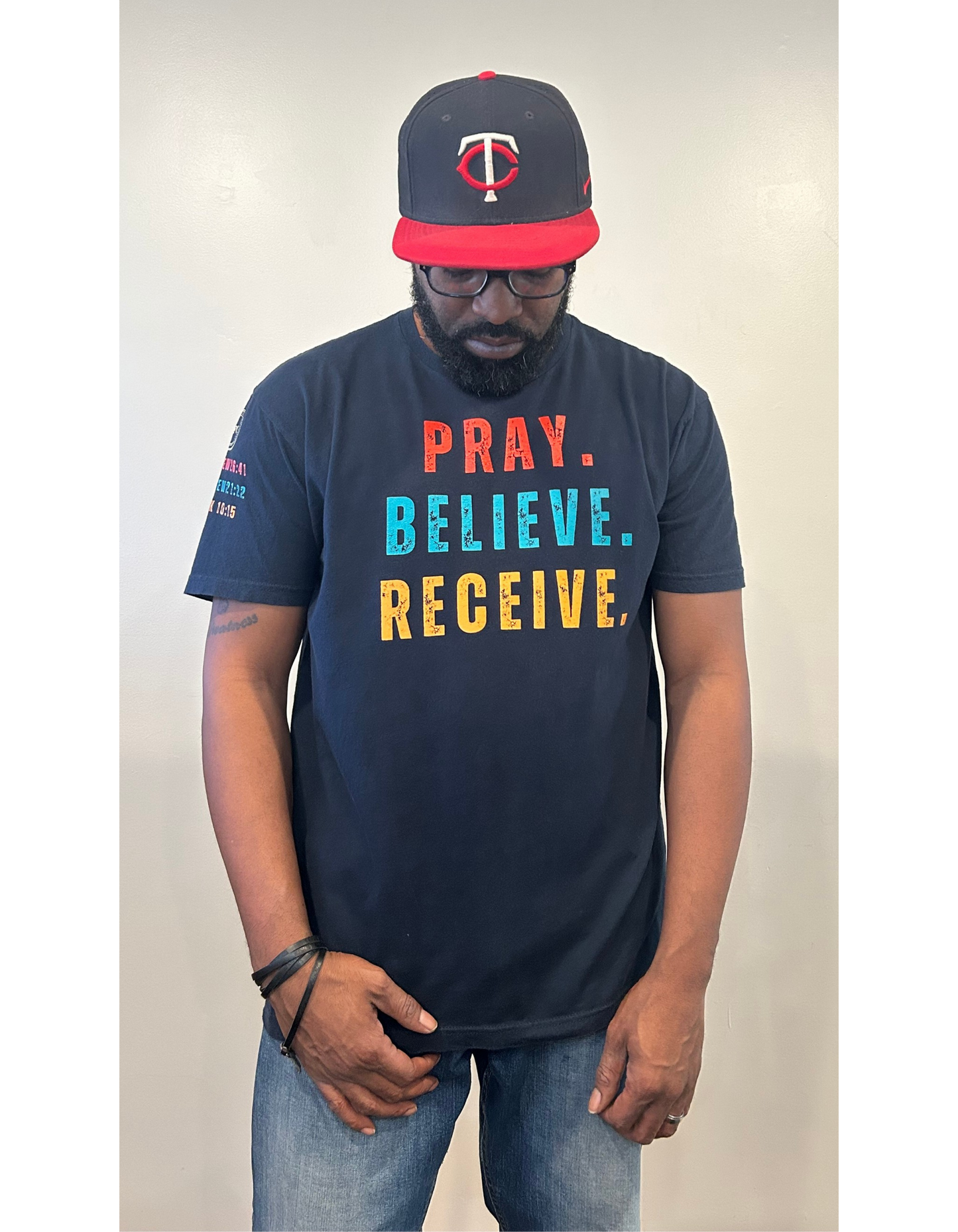 Pray Believe Receive Tee-Navy