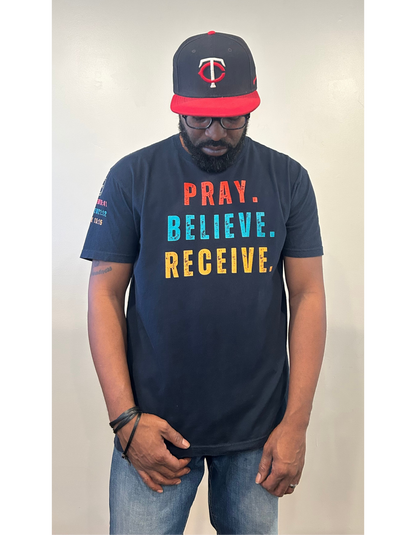 Pray Believe Receive Tee-Navy