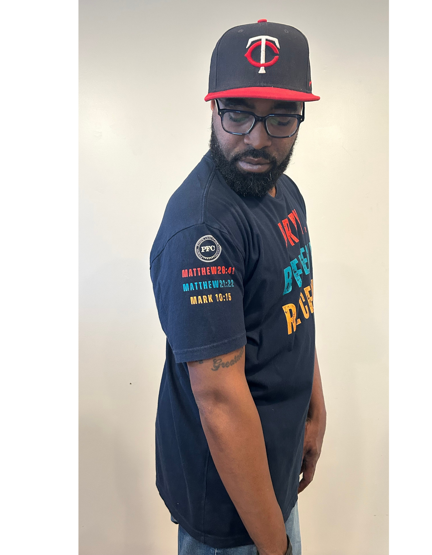 Pray Believe Receive Tee-Navy